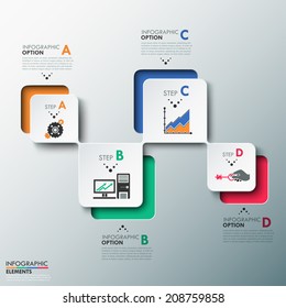 Modern infographics process template with paper sheets (rectangles with rounded corners), icons and text for 4 options. Vector. Can be used for web design and workflow layout