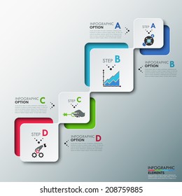 Modern infographics process template with paper sheets (rectangles with rounded corners), icons and text for 4 options. Vector. Can be used for web design and workflow layout