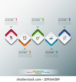 Modern infographics process template with paper sheets (rectangles with rounded corners), icons and text for 4 options. Vector. Can be used for web design, timeline and workflow layout