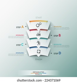 Modern infographics process template with paper trapezoids and icons. Vector. Can be used for web design and  workflow layout