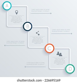 Modern infographics process template with paper sheets (rectangles with rounded corners), icons and text for 4 options. Vector. Can be used for web design, timeline and workflow layout