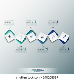 Modern infographics process template with paper sheets (rectangles with rounded corners), icons and text for 6 steps. Vector. Can be used for web design, timeline and workflow layout