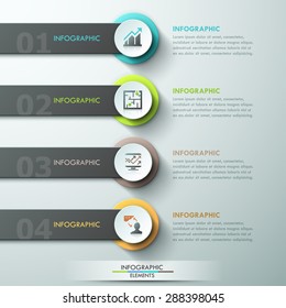 Plantilla de proceso de infografía moderna con círculos de papel, cintas e iconos para 4 opciones.Vector. Se puede utilizar para diseño web y diseño de flujo de trabajo