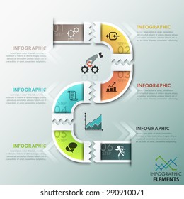 Modern infographics process template with paper path divided into 6 steps, icons and text. Vector. Can be used for web design and  workflow layout