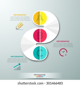 Modern infographics process template with paper path divided into 3 steps, icons and text. Vector. Can be used for web design and  workflow layout