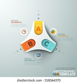 Modern infographics process template with paper triangle shape and flat icons for 3 options. Vector. Can be used for web design and workflow layout