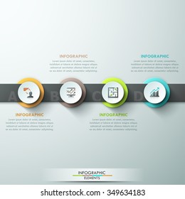 Modern infographics process template with paper circles,ribbons and icons for 4 options. Vector. Can be used for web design and  workflow layout