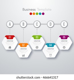 Modern infographics process template with paper sheets, polygons with rounded corners, icons and text for 5 steps. Vector. Can be used for web design, timeline and workflow layout