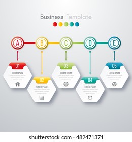 Modern infographics process template with paper sheets, polygons with rounded corners, icons and text for 5 steps. Vector. Can be used for web design, timeline and workflow layout