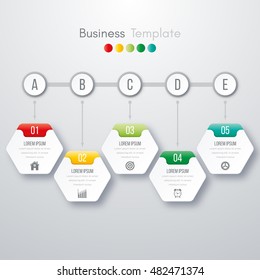 Modern infographics process template with paper sheets, polygons with rounded corners, icons and text for 5 steps. Vector. Can be used for web design, timeline and workflow layout