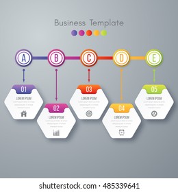 Modern infographics process template with paper sheets, polygons with rounded corners, icons and text for 5 steps. Vector. Can be used for web design, timeline and workflow layout