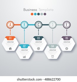 Modern infographics process template with paper sheets, polygons with rounded corners, icons and text for 5 steps. Vector. Can be used for web design, timeline and workflow layout