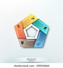 Modern infographics process template with pentagon shape made of 5 colorful ribbons. Vector. Can be used for web design and workflow layout