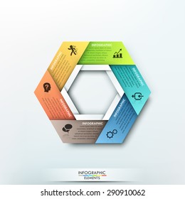 Modern infographics process template with polygon shape made of 6 colorful ribbons. Vector. Can be used for web design and workflow layout