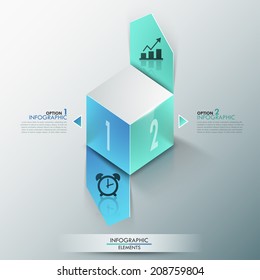 Modern infographics process template with realistic colorful cubes and paper arrows for 2 options, icons and editable text. Vector. Can be used for web design and workflow layout.