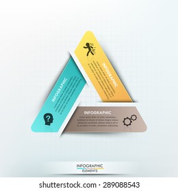 Modern infographics process template with triangle shape made of 3 colorful ribbons. Vector. Can be used for web design and workflow layout