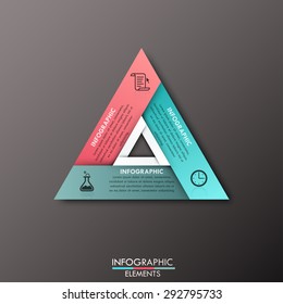 Modern infographics process template with triangle shape made of 3 colorful ribbons on dark background. Vector. Can be used for web design and workflow layout