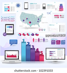 Modern infographics set and icons IT tehnology. Map of USA and Information Graphics. America