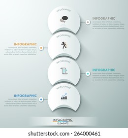Modern infographics template with 4 paper circles, icons on grey background. Vector. Can be used for web design and  workflow layout