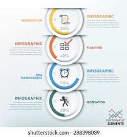 Modern infographics template with 4 paper circles, pie charts and icons on grey background. Vector. Can be used for web design and  workflow layout
