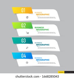 Moderna plantilla de infografía 4 pasos con banner rectangular.