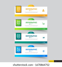 Moderna plantilla de infografía 4 pasos con banner rectangular.