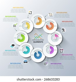 Modern infographics template with 8 paper circles, pie charts and icons on grey background. Vector. Can be used for web design and  workflow layout