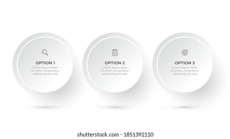 Plantilla de infografía moderna. Diseño de color blanco circular con iconos y 3 pasos o opciones. Ilustración vectorial.