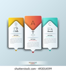 Modern infographics template with futuristic paper shapes and icons for 3 features. Vector. Can be used for workflow layout, diagram, number, step up options, web design.