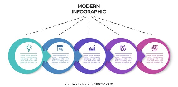 Modern infographics template. Presentation business infographic with 5 sections. Vector design for brochure, diagram, schedule, workflow, web design, annual report.