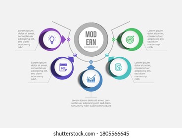 Modern infographics template. Presentation business infographic with 5 sections. Vector design for brochure, diagram, schedule, workflow, web design, annual report.