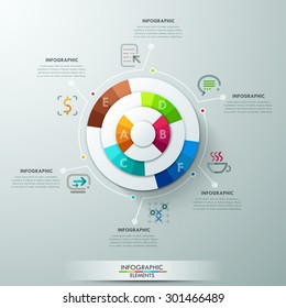 Modern infographics template with pyramid made of paper circles on grey background. Vector. Can be used for web design and  workflow layout