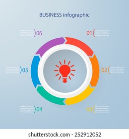 Modern infographics template with realistic  circle for 6 steps. Can be used for workflow layout, diagram, number options, step up options, web design, infographics, presentations.