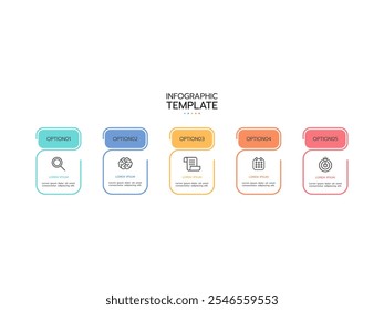 Modern infographics template. Timeline process with 5 marketing icons, steps, options, and circles design. Vector illustration.
