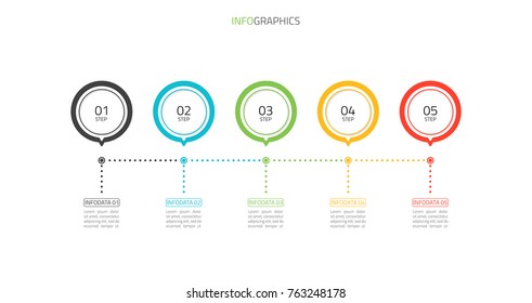 Modern infographics template. Timeline process with 5 steps, options, circles design. Vector illustration.