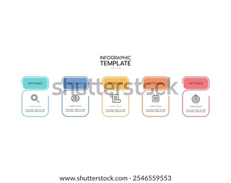 Modern infographics template. Timeline process with 5 marketing icons, steps, options, and circles design. Vector illustration.