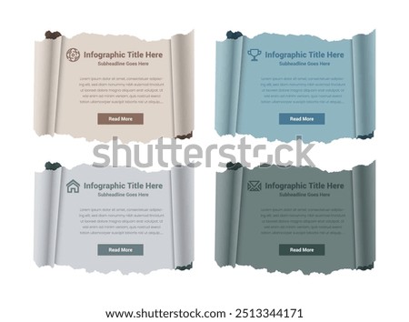 Modern infographics template torn paper style with icon and read more button. Vector illustration. can be used for workflow layout, diagram, number options, step up options, banner, web design