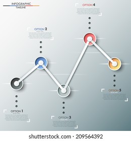 Modern infographics timeline template with realistic colorful paper circles for 5 steps and icons. Vector. Can be used for web design and  workflow layout