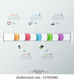 Modern infographics timeline template with realistic colorful ribbon divided into 5 steps and icons. Vector. Can be used for web design and  workflow layout