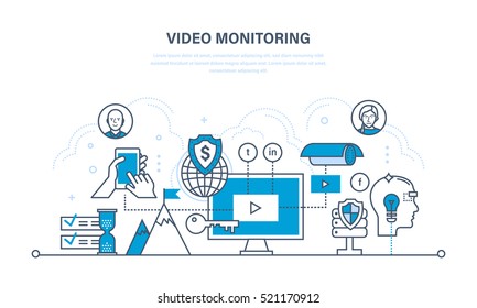 Technologies modernes de l'information, protection, suivi, surveillance vidéo, contrôle, gestion des données et de l'information, médias. Illustration de dessin en ligne mince de doodles vectoriels, éléments infographiques.