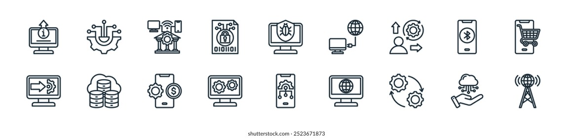 modern information technology icon pack. perfect for linear ui designs featuring vector isp, cloud service, processing, internet, mobile app, software, fintech and more icons for mobile and web