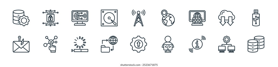 Ikonenpaket für moderne Informationstechnologie. perfekt für lineare ui-Designs mit Vektordatenbank, Computer, Informationen, Programmierer, Upgrade, FTP, Pufferung und mehr Symbolen für mobile und Web-Apps.