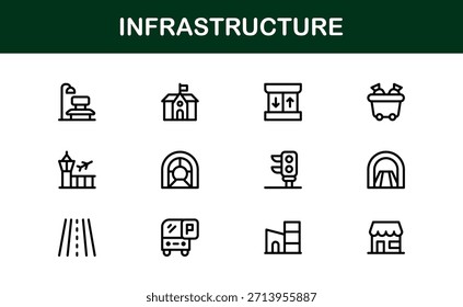 Conjunto de iconos de líneas de infraestructura moderna: símbolos de Vector mínimo de Profesional para planificación urbana, construcción y tecnología.