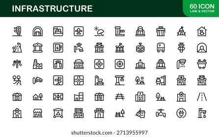 Conjunto de iconos de líneas de infraestructura moderna: símbolos de Vector mínimo de Profesional para planificación urbana, construcción y tecnología.