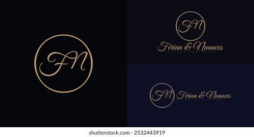 Moderno inicial círculo vetor letra FN ou logotipo NF em cor dourada isolado em várias cores de fundo. O logotipo é adequado para casamento convite logotipo design inspiração modelos.