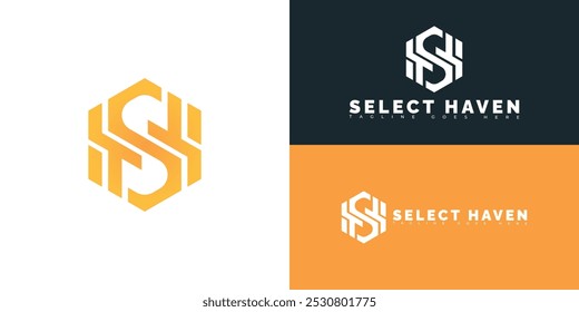 Modern initial hexagon vector letter SH or HS logo in orange color isolated on multiple background colors. The logo is suitable for product recommendation blog logo design inspiration templates.
