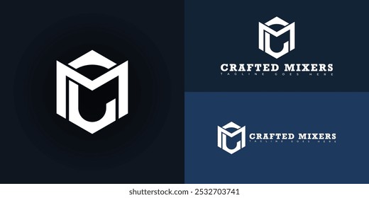 Modern initial hexagon vector letter CM or MC logo in white color isolated on multiple background colors. The logo is suitable for concrete contractor logo design inspiration templates.
