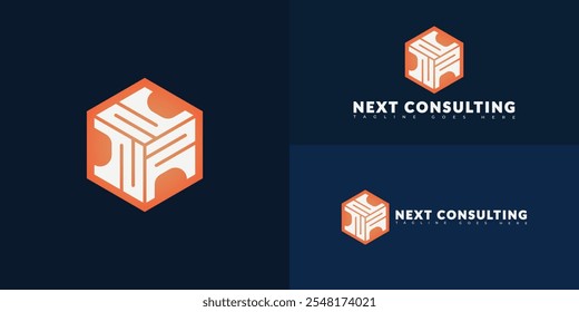 Modern initial hexagon vector letter NC or CN logo in orange-white color isolated on multiple background colors. The logo is suitable for coaching businesses and consulting logo design inspiration