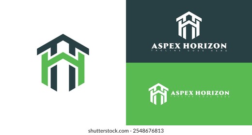 Modern initial hexagon vector letter AH or HA logo in green color isolated on multiple background colors. The logo is suitable for real estate investment fund logo design inspiration templates.