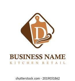 Modern Initial Letter D Kitchen Equipment Retail Business Logo Concept Idea With Cutting Board. Kitchen Set Store Business Logo Template